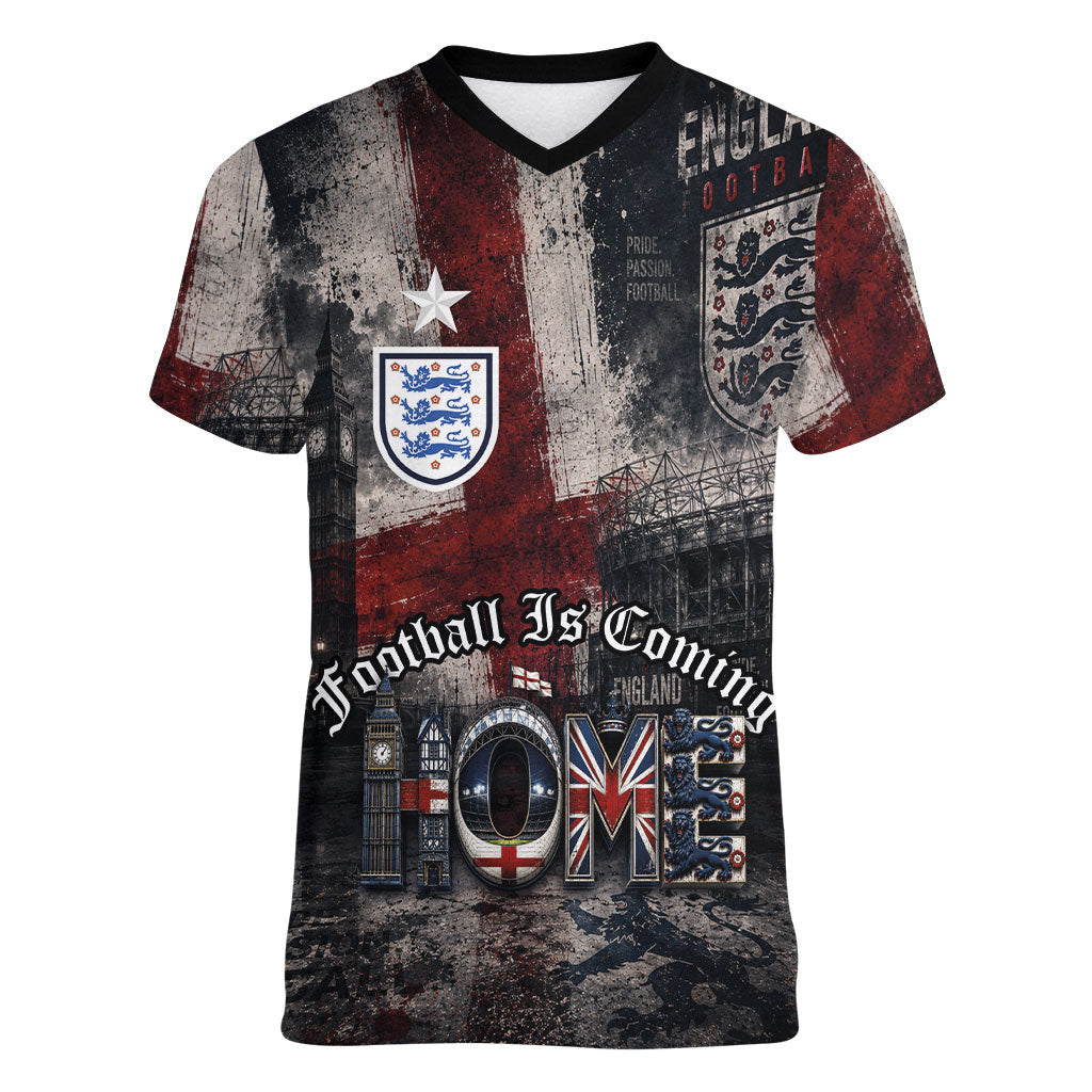 England National Football Women V-Neck T-Shirt Football is Coming Home Typography Grunge Style
