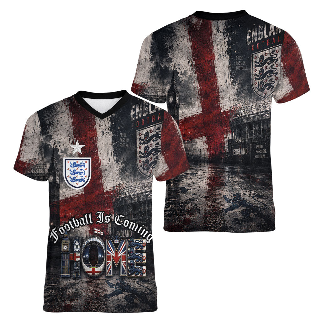 England National Football Women V-Neck T-Shirt Football is Coming Home Typography Grunge Style