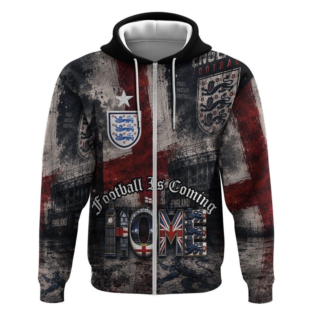 England National Football Zip Hoodie Football is Coming Home Typography Grunge Style