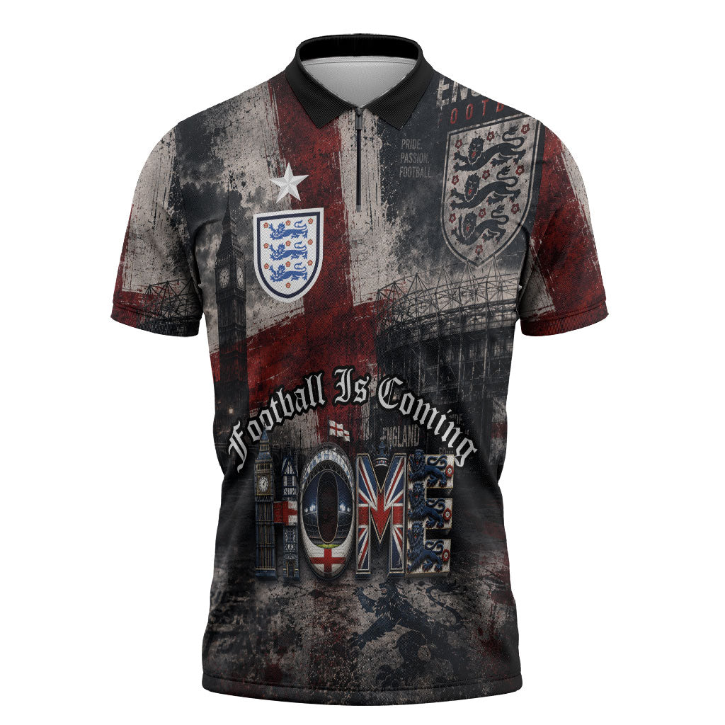 England National Football Zipper Polo Shirt Football is Coming Home Typography Grunge Style