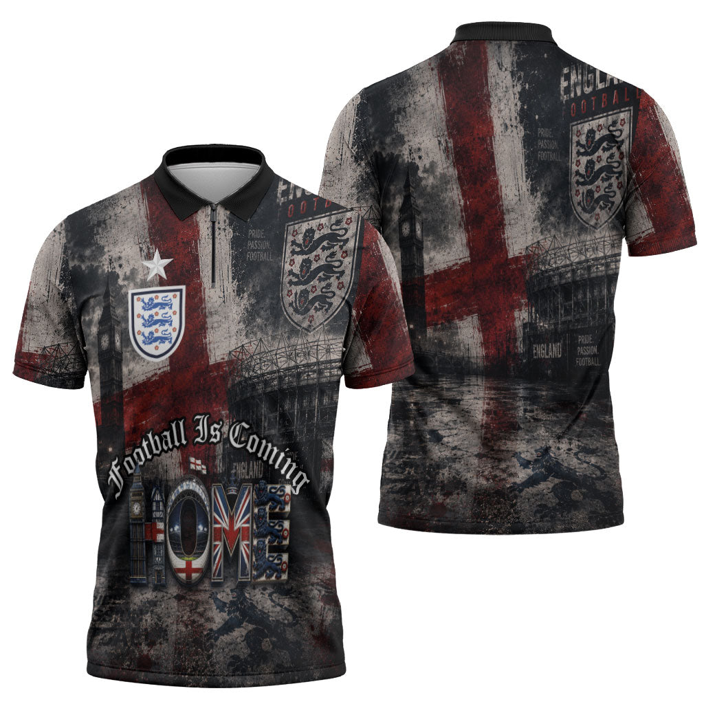 England National Football Zipper Polo Shirt Football is Coming Home Typography Grunge Style