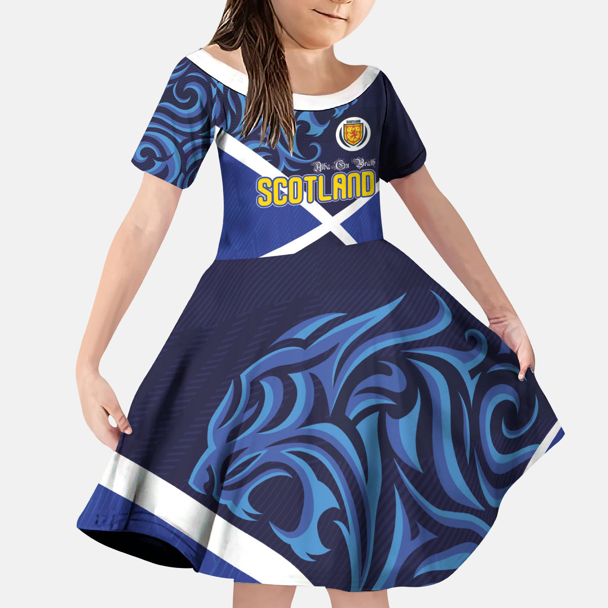 Custom Scotland National Football Kid Short Sleeve Dress Lions with Flag Sporty Tartan Style