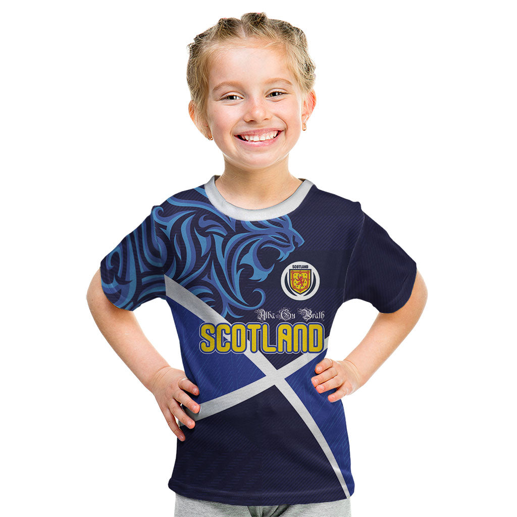 Custom Scotland National Football Kid T Shirt Lions with Flag Sporty Tartan Style
