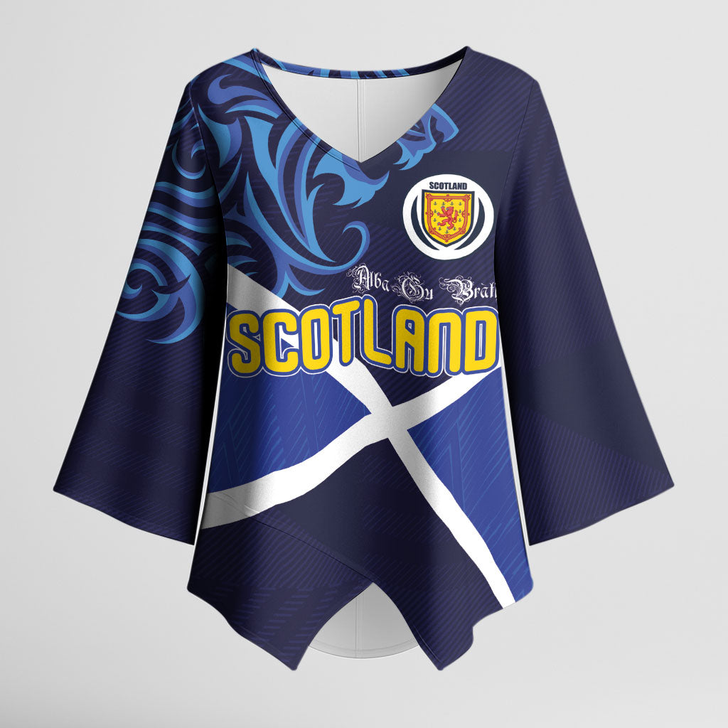 Custom Scotland National Football Kimono Sleeve Blouse Lions with Flag Sporty Tartan Style