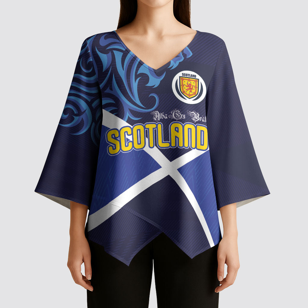 Custom Scotland National Football Kimono Sleeve Blouse Lions with Flag Sporty Tartan Style