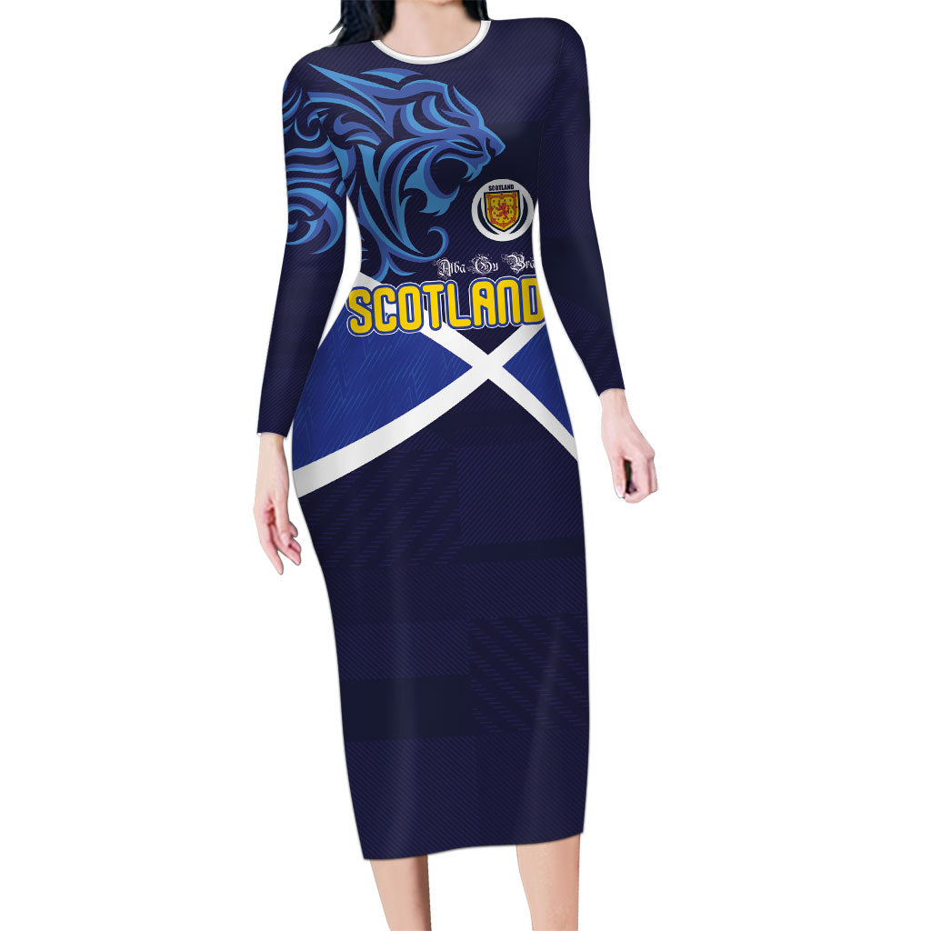 Custom Scotland National Football Long Sleeve Bodycon Dress Lions with Flag Sporty Tartan Style