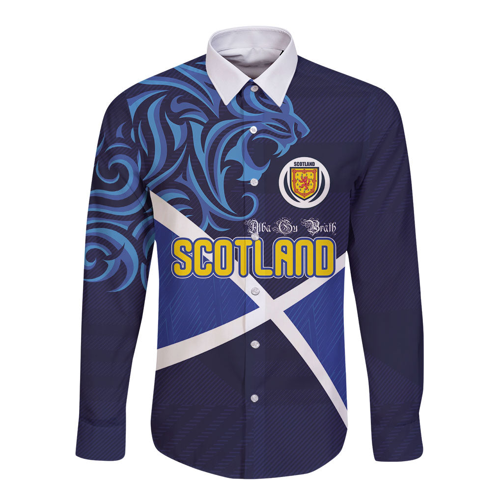 Custom Scotland National Football Long Sleeve Button Shirt Lions with Flag Sporty Tartan Style