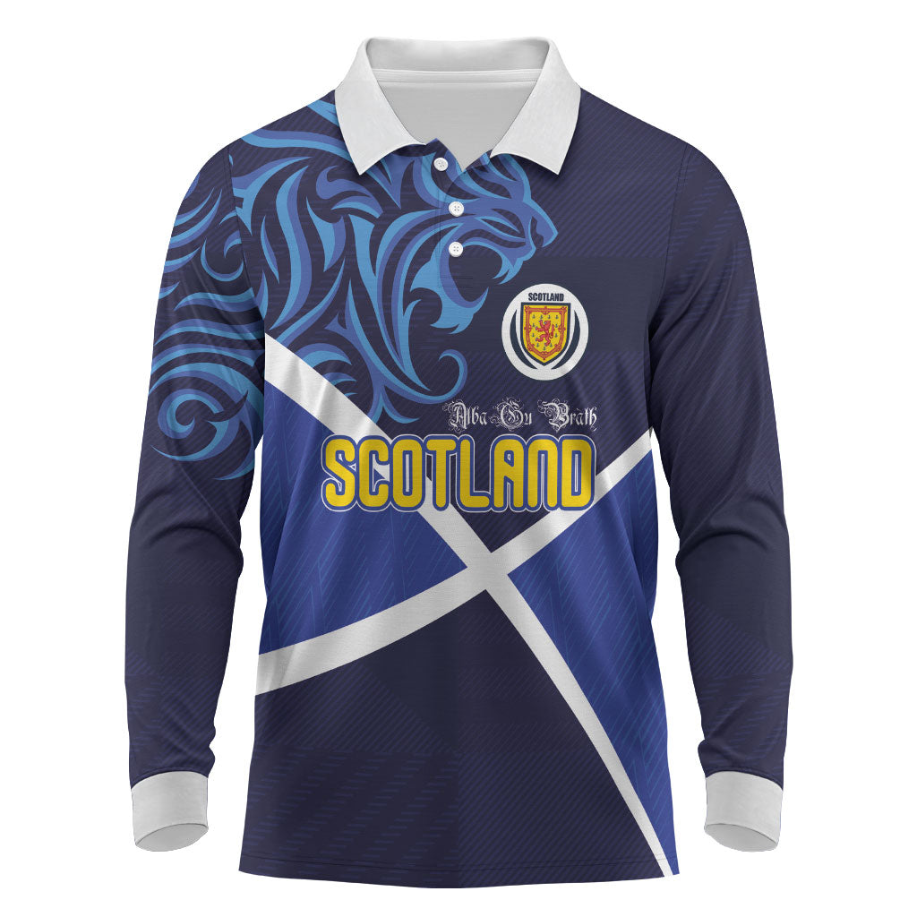 Custom Scotland National Football Long Sleeve Polo Shirt Lions with Flag Sporty Tartan Style