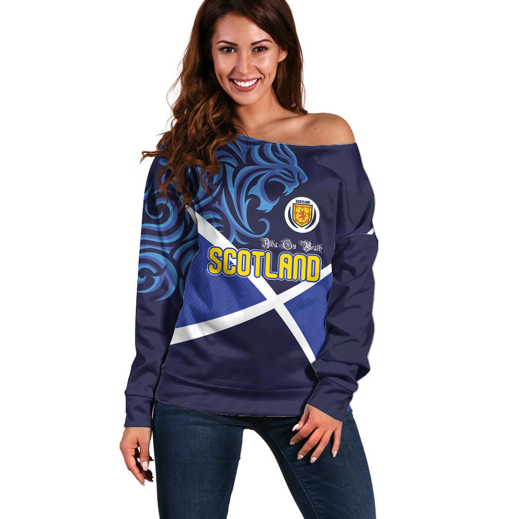 Custom Scotland National Football Off Shoulder Sweater Lions with Flag Sporty Tartan Style