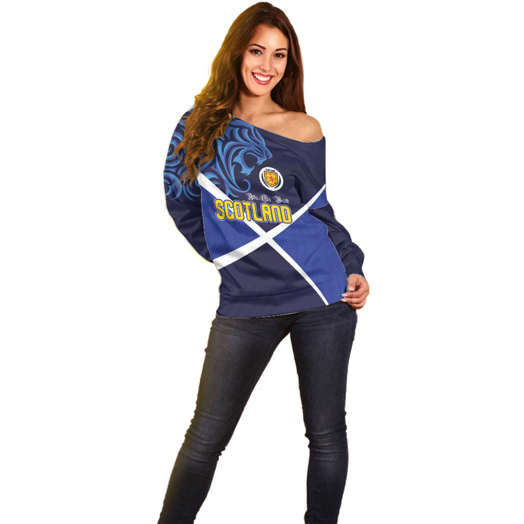 Custom Scotland National Football Off Shoulder Sweater Lions with Flag Sporty Tartan Style