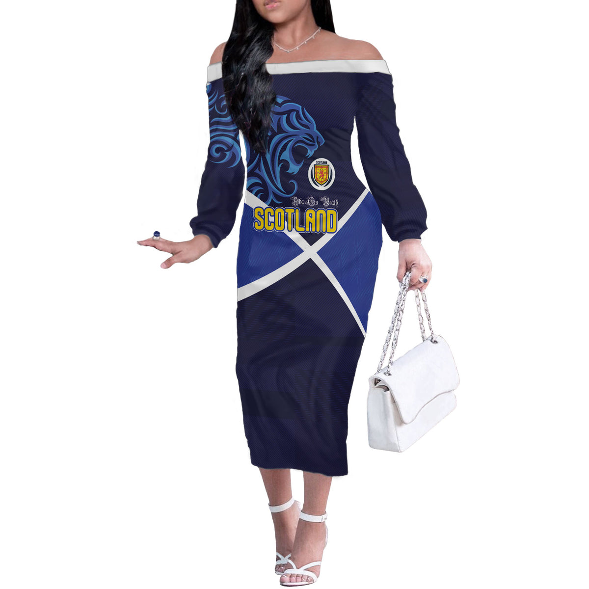 Custom Scotland National Football Off The Shoulder Long Sleeve Dress Lions with Flag Sporty Tartan Style