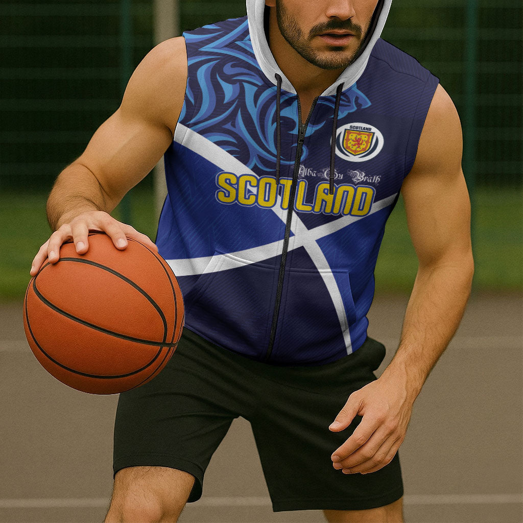 Custom Scotland National Football Sleeveless Zip Hoodie Lions with Flag Sporty Tartan Style