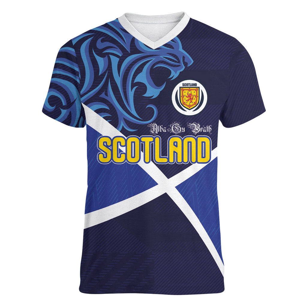 Custom Scotland National Football Women V-Neck T-Shirt Lions with Flag Sporty Tartan Style