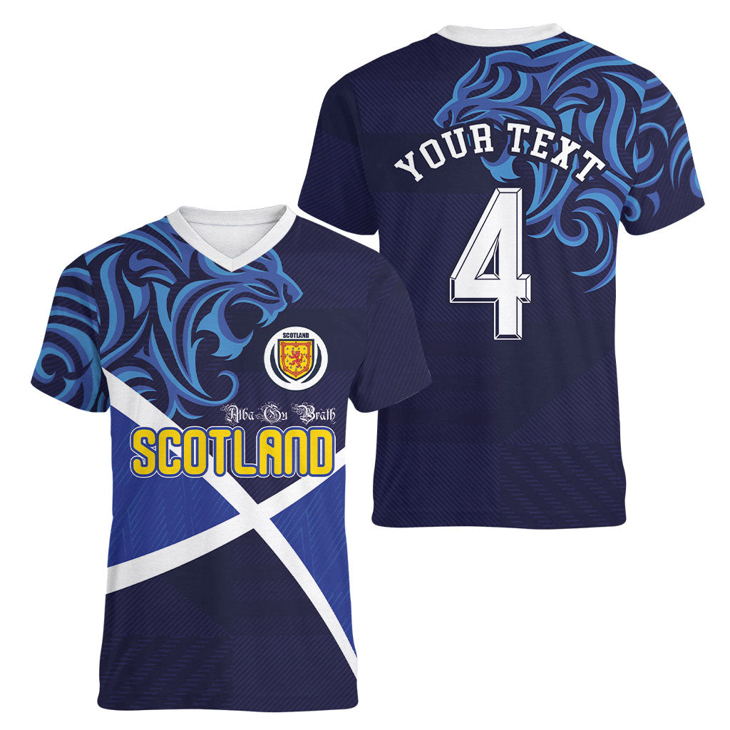 Custom Scotland National Football Women V-Neck T-Shirt Lions with Flag Sporty Tartan Style