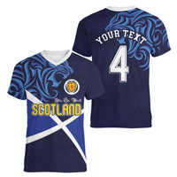 Custom Scotland National Football Women V-Neck T-Shirt Lions with Flag Sporty Tartan Style