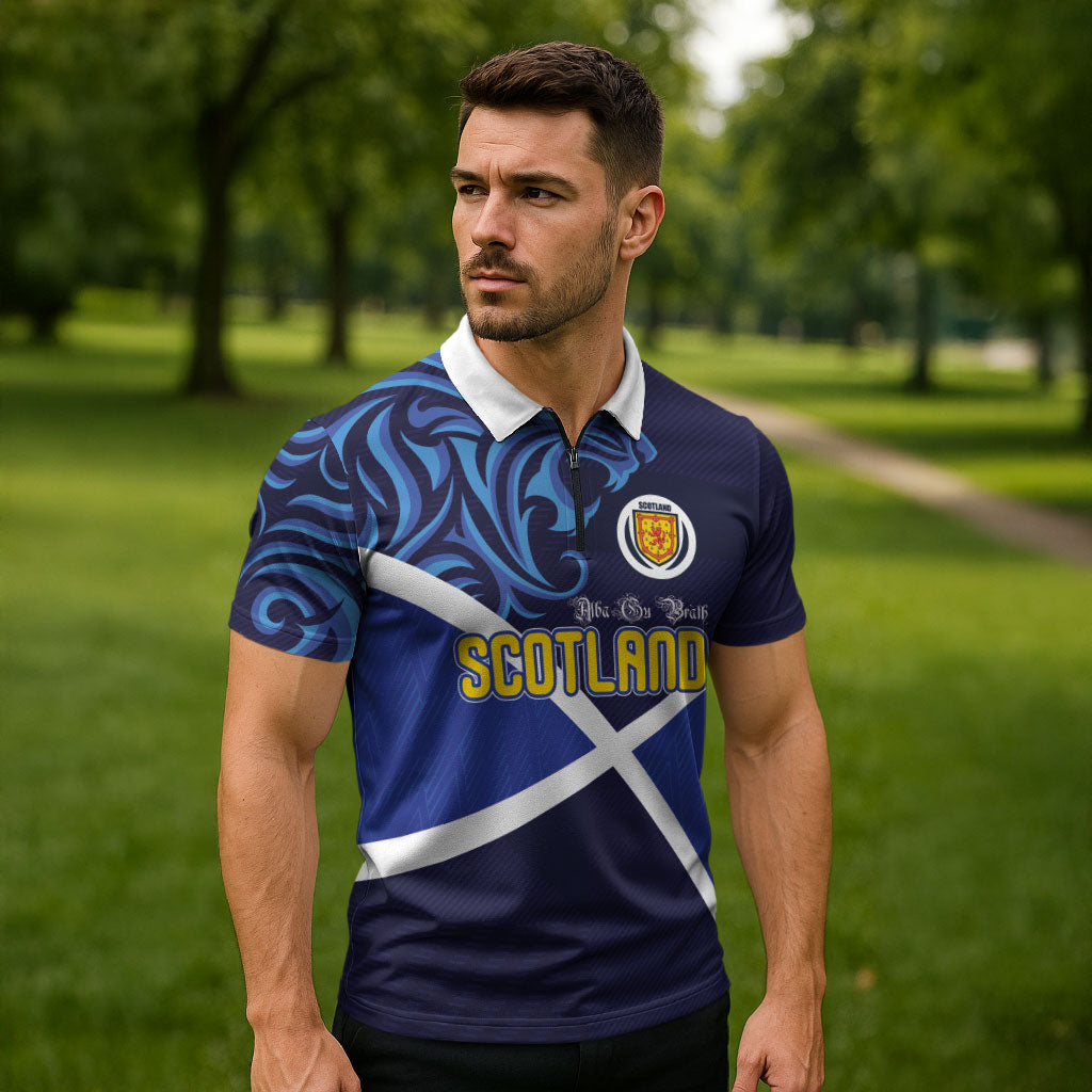 Custom Scotland National Football Zipper Polo Shirt Lions with Flag Sporty Tartan Style
