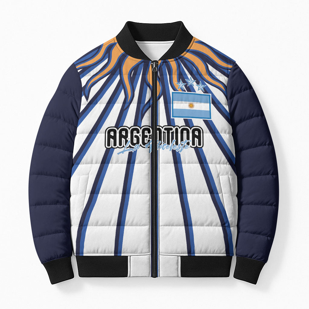 Personalized Argentina National Football Bomber Puffer Jacket Sun Of May Retro Starburst Graphic Art