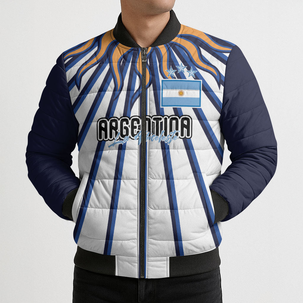 Personalized Argentina National Football Bomber Puffer Jacket Sun Of May Retro Starburst Graphic Art