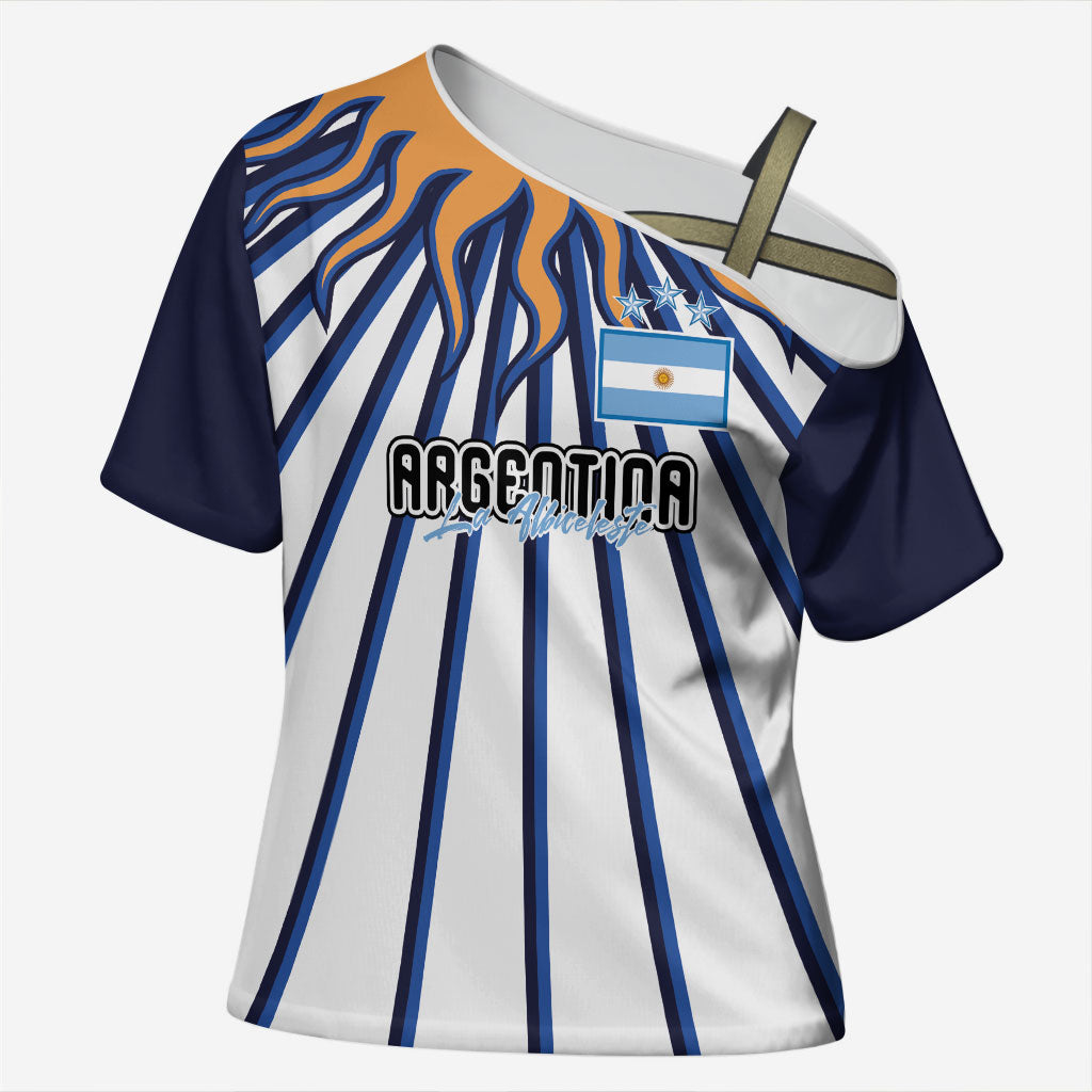 Personalized Argentina National Football Cross Shoulder Shirt Sun Of May Retro Starburst Graphic Art