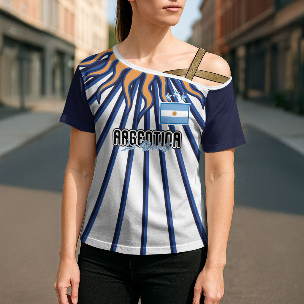 Personalized Argentina National Football Cross Shoulder Shirt Sun Of May Retro Starburst Graphic Art
