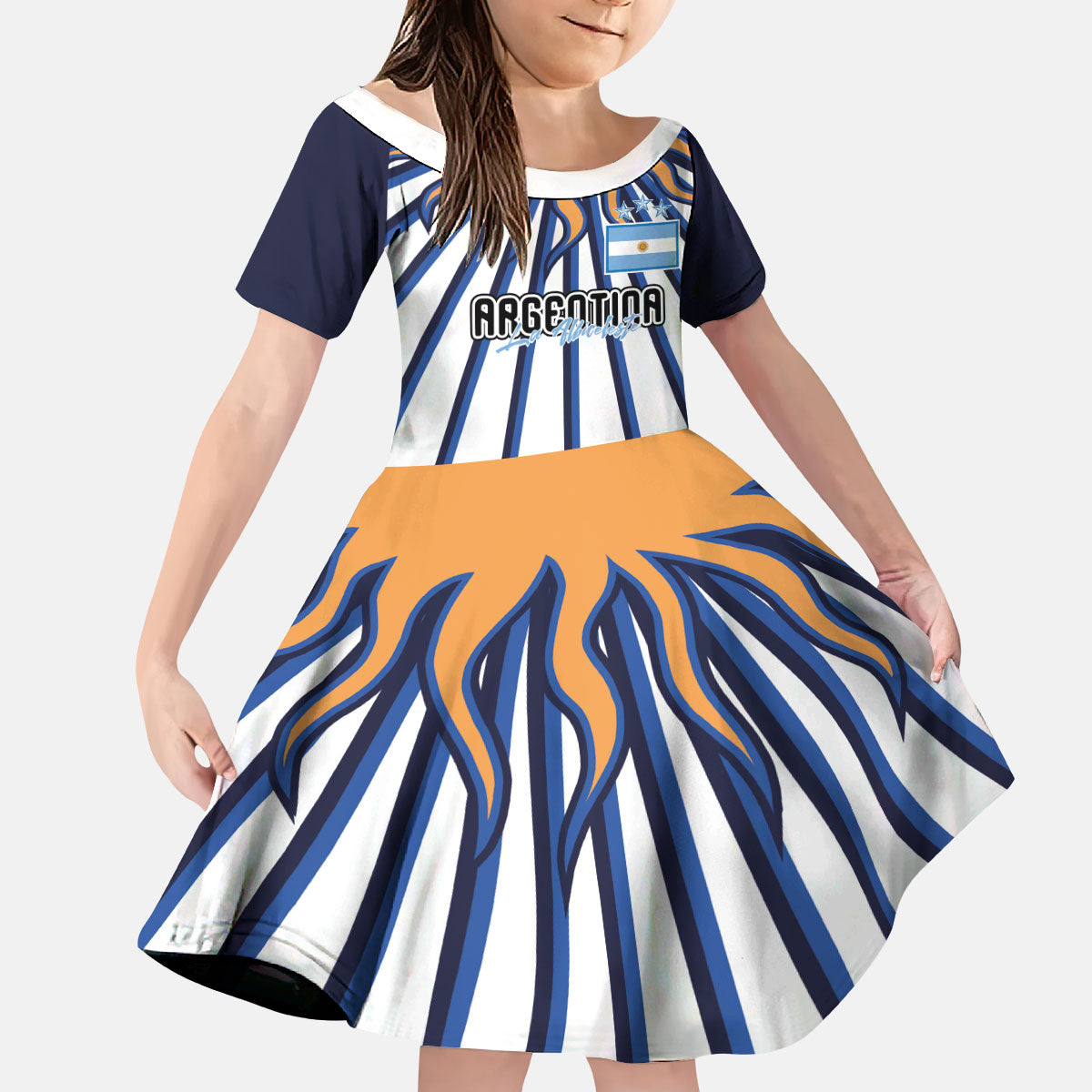 Personalized Argentina National Football Kid Short Sleeve Dress Sun Of May Retro Starburst Graphic Art
