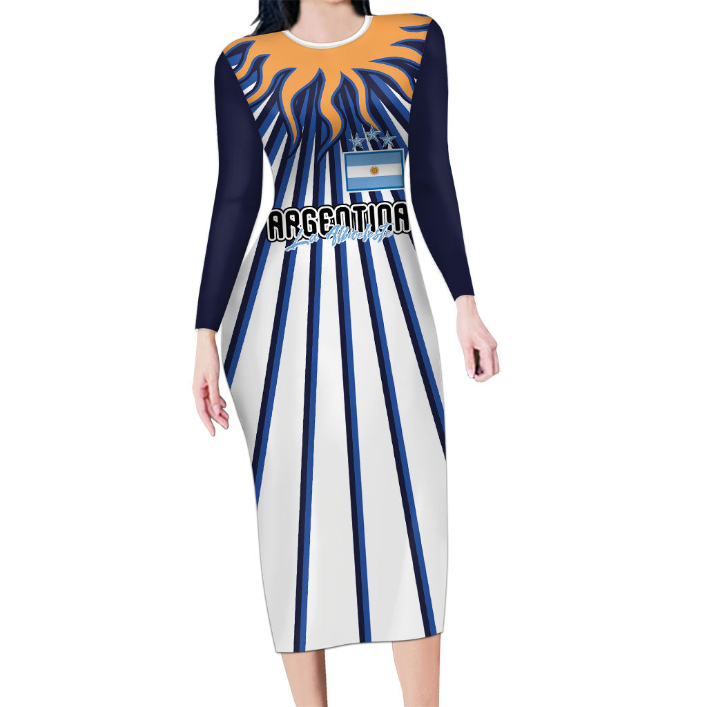 Personalized Argentina National Football Long Sleeve Bodycon Dress Sun Of May Retro Starburst Graphic Art