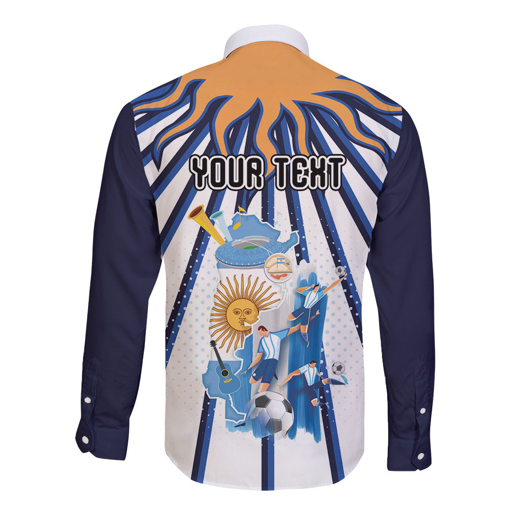 Personalized Argentina National Football Long Sleeve Button Shirt Sun Of May Retro Starburst Graphic Art