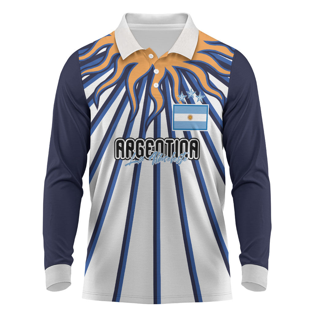 Personalized Argentina National Football Long Sleeve Polo Shirt Sun Of May Retro Starburst Graphic Art