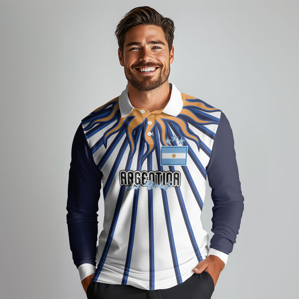 Personalized Argentina National Football Long Sleeve Polo Shirt Sun Of May Retro Starburst Graphic Art