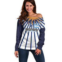 Personalized Argentina National Football Off Shoulder Sweater Sun Of May Retro Starburst Graphic Art