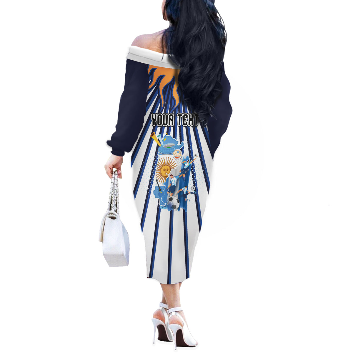 Personalized Argentina National Football Off The Shoulder Long Sleeve Dress Sun Of May Retro Starburst Graphic Art