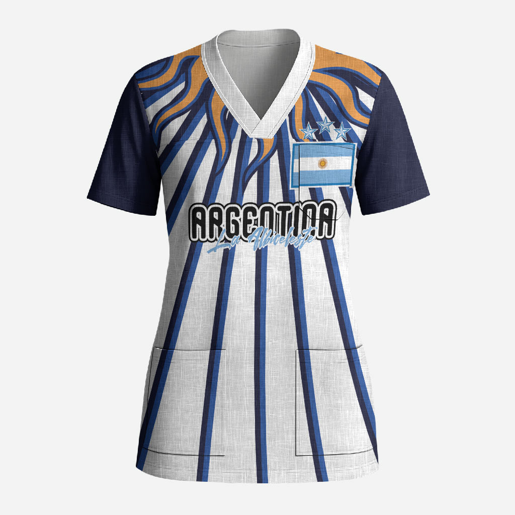 Personalized Argentina National Football Scrub Top Sun Of May Retro Starburst Graphic Art