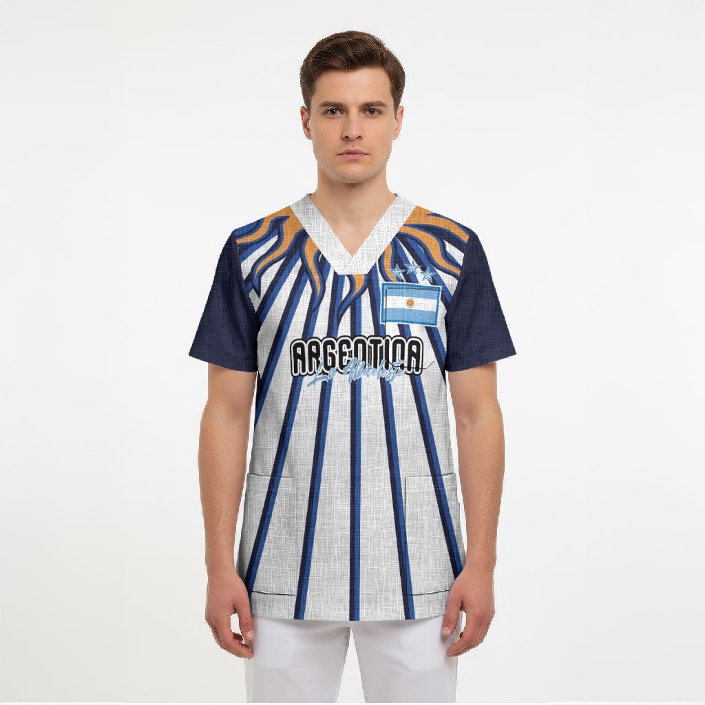 Personalized Argentina National Football Scrub Top Sun Of May Retro Starburst Graphic Art