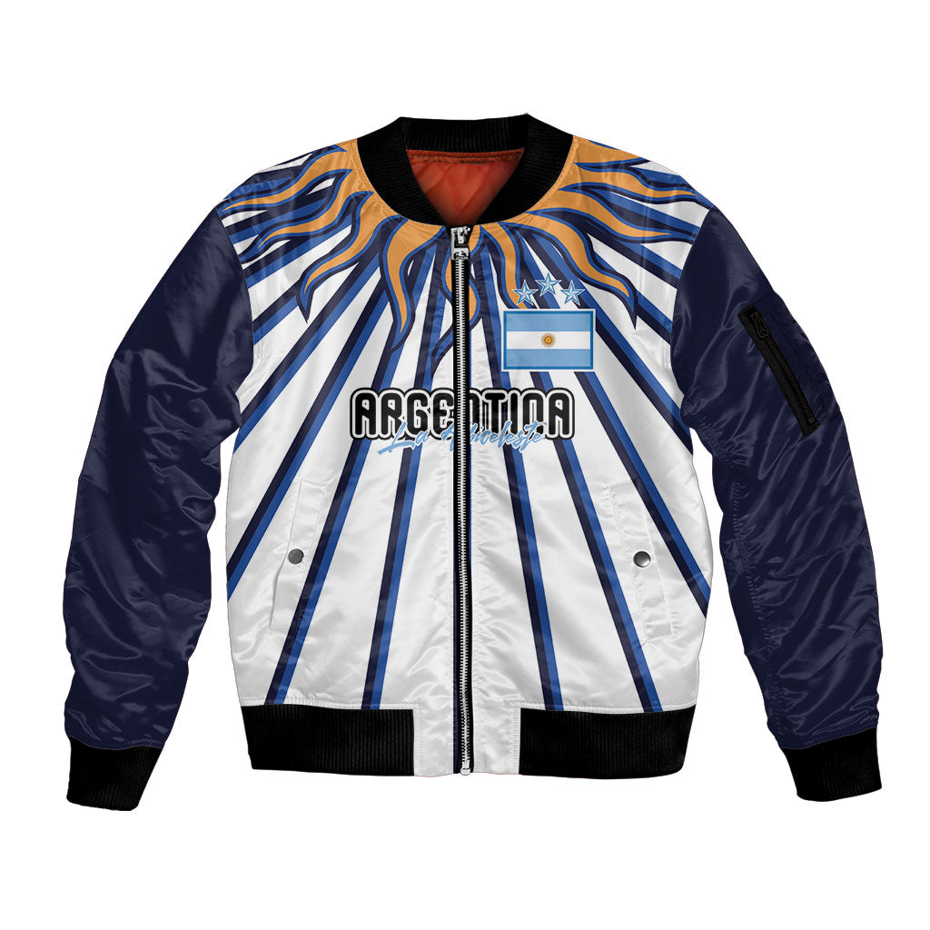 Personalized Argentina National Football Sleeve Zip Bomber Jacket Sun Of May Retro Starburst Graphic Art