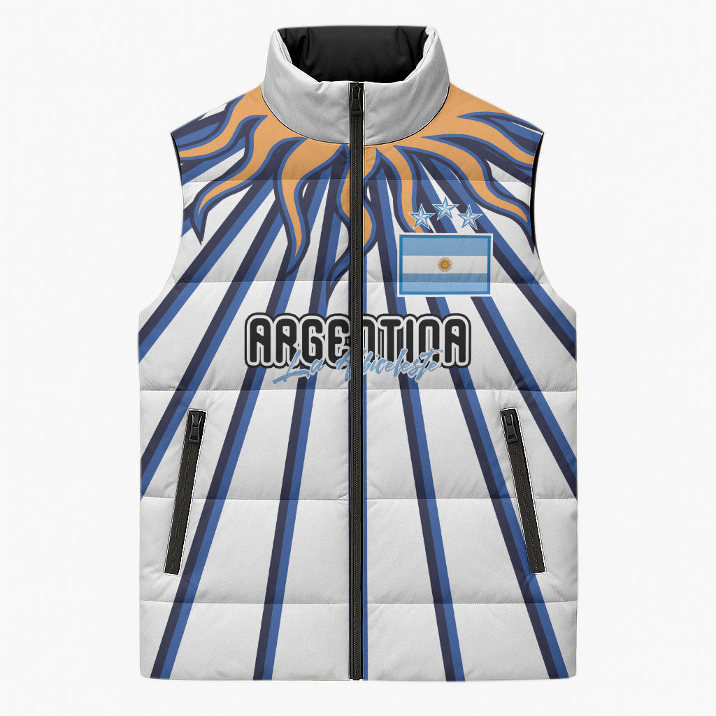 Personalized Argentina National Football Sleeveless Puffer Jacket Sun Of May Retro Starburst Graphic Art