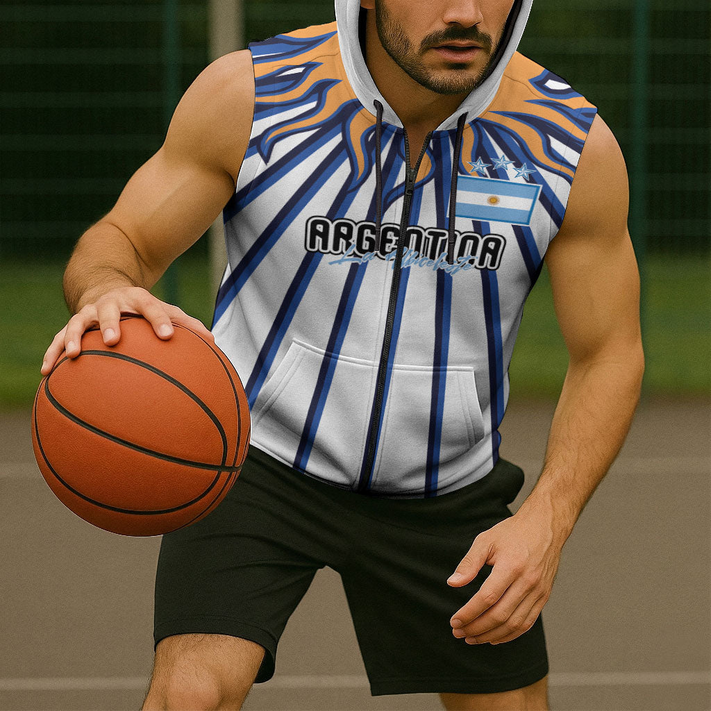Personalized Argentina National Football Sleeveless Zip Hoodie Sun Of May Retro Starburst Graphic Art