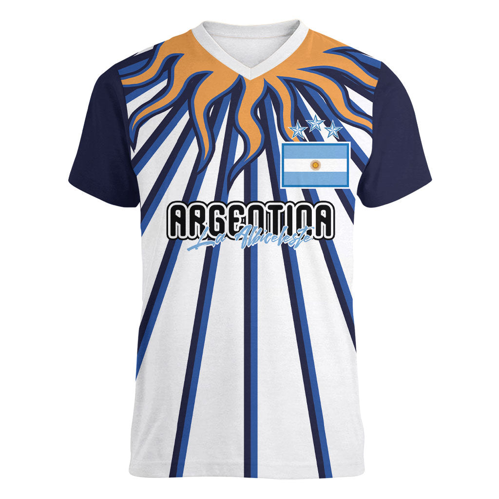Personalized Argentina National Football Women V-Neck T-Shirt Sun Of May Retro Starburst Graphic Art