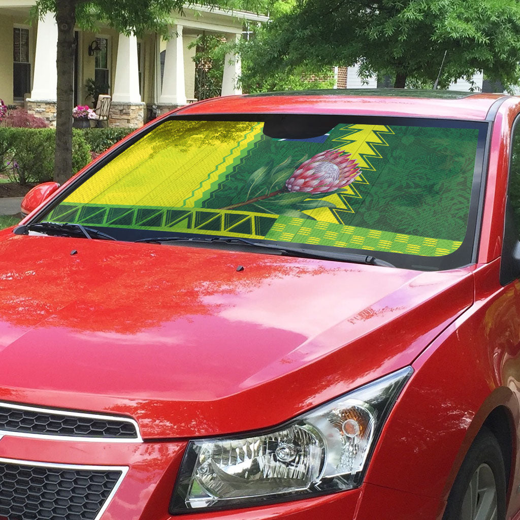 South Africa National Football Auto Sun Shade King Protea with African Tribal Geometric Pattern Culture Art