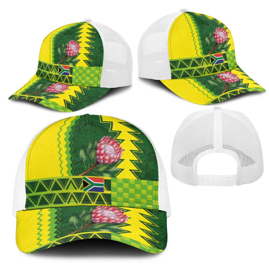 South Africa National Football Baseball Net Cap King Protea with African Tribal Geometric Pattern Culture Art