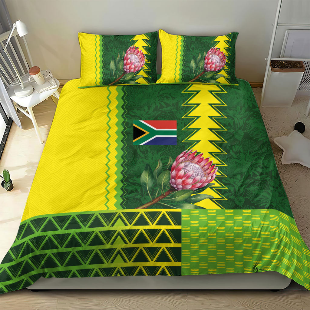 South Africa National Football Bedding Set King Protea with African Tribal Geometric Pattern Culture Art