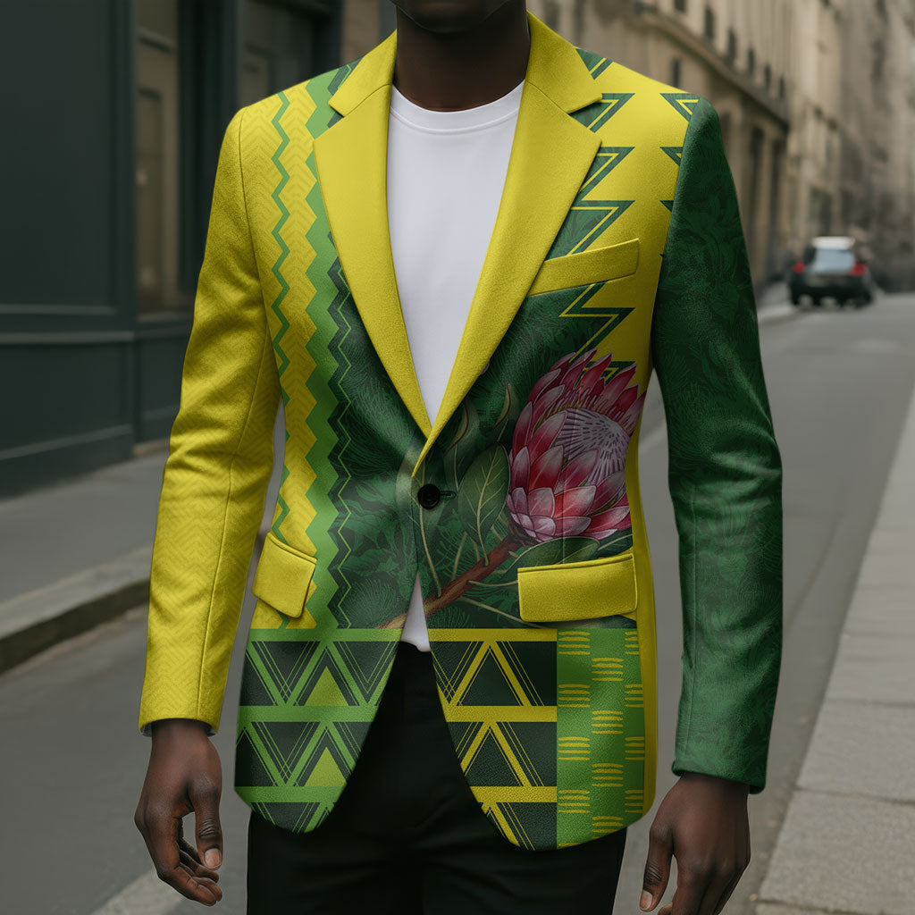 Custom South Africa National Football Blazer King Protea with African Tribal Geometric Pattern Culture Art