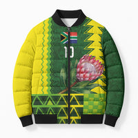 Custom South Africa National Football Bomber Puffer Jacket King Protea with African Tribal Geometric Pattern Culture Art