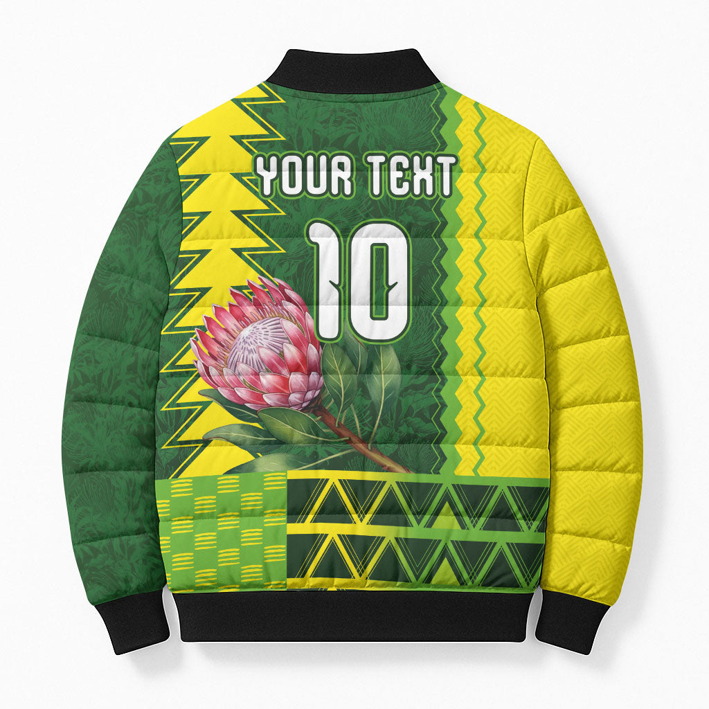 Custom South Africa National Football Bomber Puffer Jacket King Protea with African Tribal Geometric Pattern Culture Art