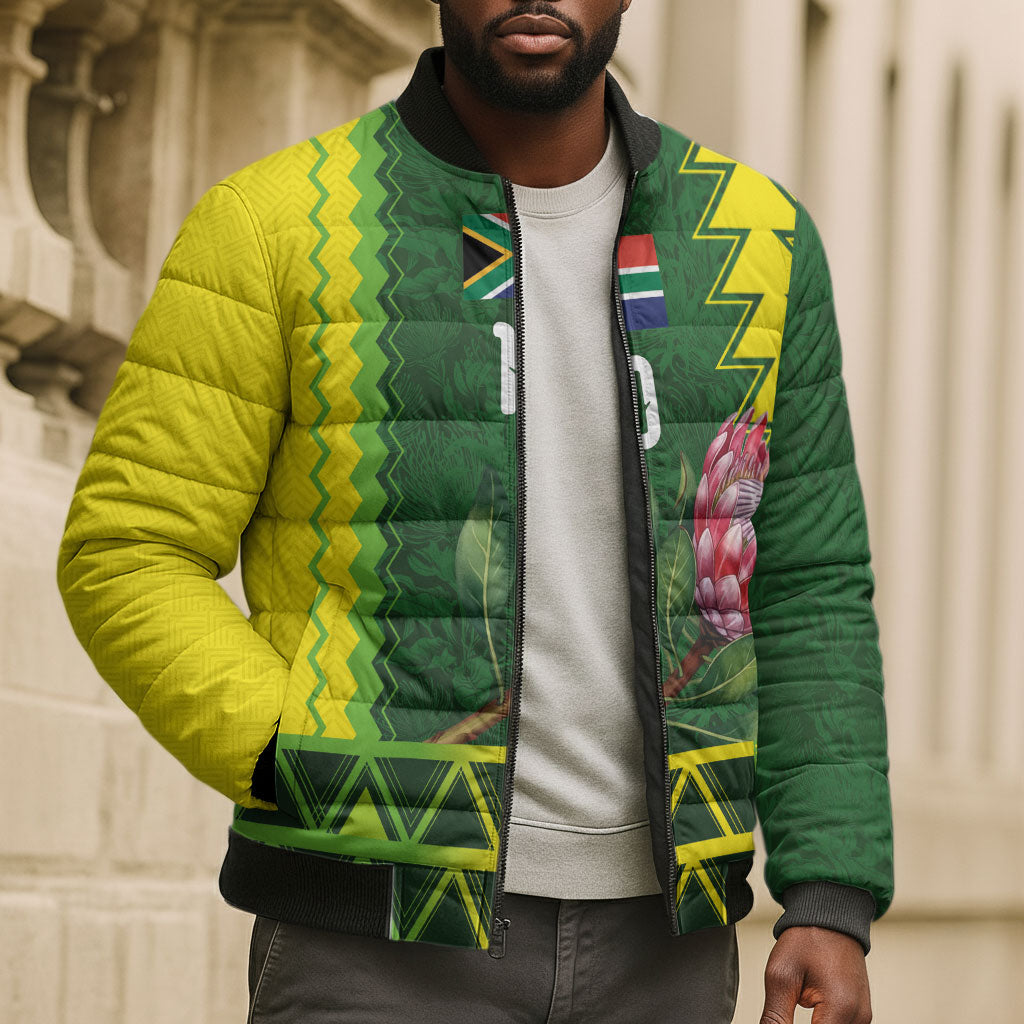 Custom South Africa National Football Bomber Puffer Jacket King Protea with African Tribal Geometric Pattern Culture Art