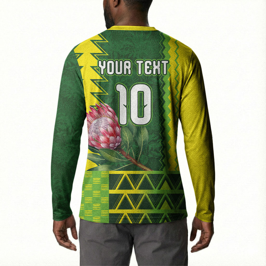Custom South Africa National Football Button Sweatshirt King Protea with African Tribal Geometric Pattern Culture Art