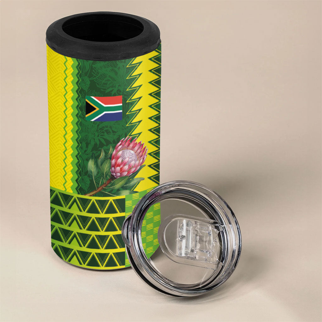 Custom South Africa National Football 4 in 1 Can Cooler Tumbler King Protea with African Tribal Geometric Pattern Culture Art