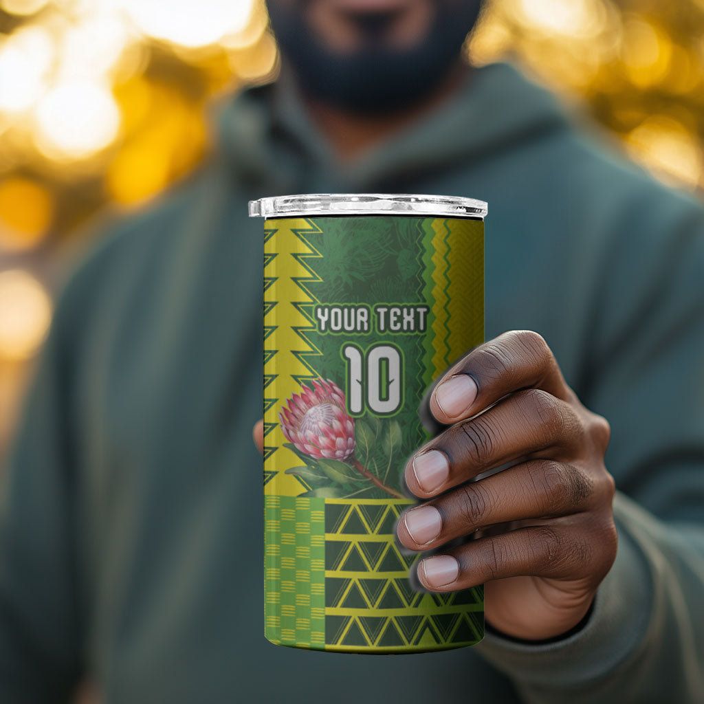 Custom South Africa National Football 4 in 1 Can Cooler Tumbler King Protea with African Tribal Geometric Pattern Culture Art