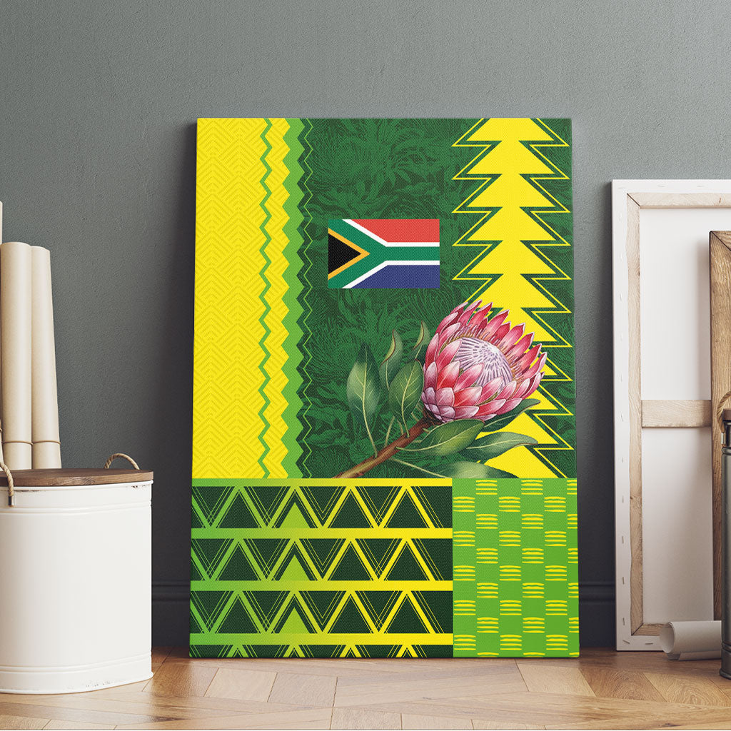 South Africa National Football Canvas Wall Art King Protea with African Tribal Geometric Pattern Culture Art