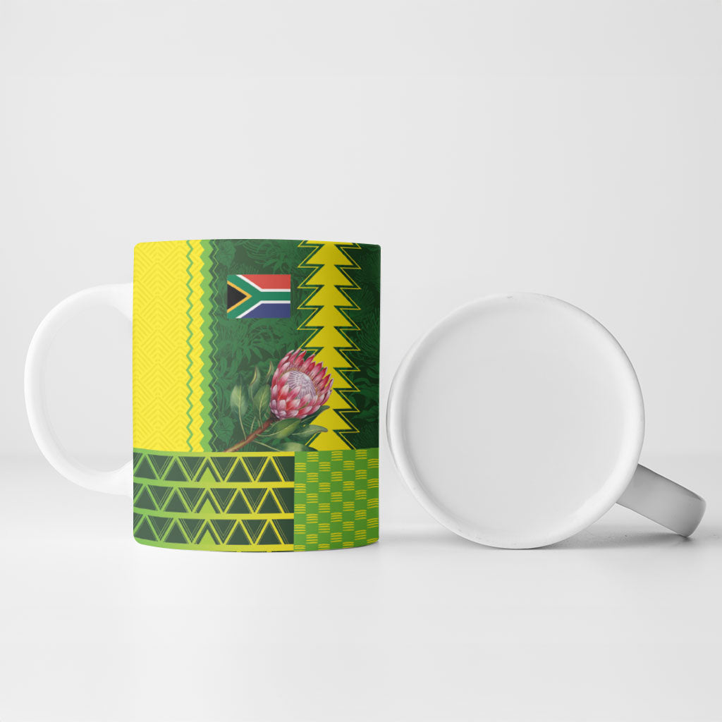 Custom South Africa National Football Ceramic Mug King Protea with African Tribal Geometric Pattern Culture Art