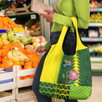 South Africa National Football Grocery Bag King Protea with African Tribal Geometric Pattern Culture Art